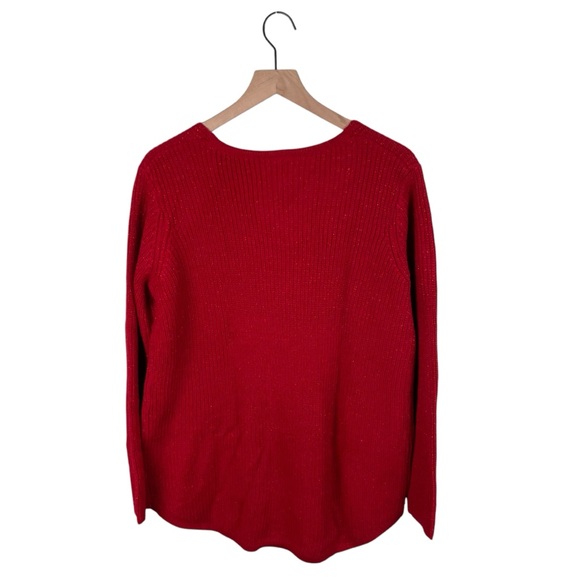 Faded Glory Ribbed Knit V-neck Sweater Metallic Thread Bright Red Size Large - Picture 2 of 6